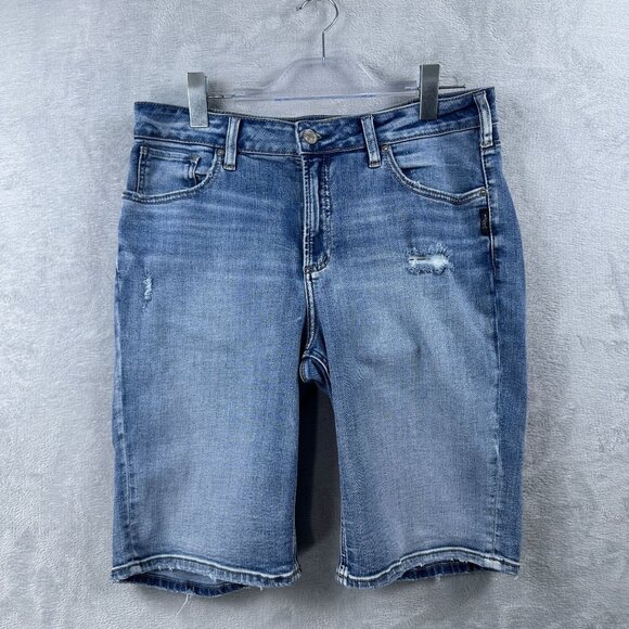 Silver Jeans Avery Bermuda Shorts Womens Size W32/L9 Distressed High Rise Blue - Picture 1 of 10